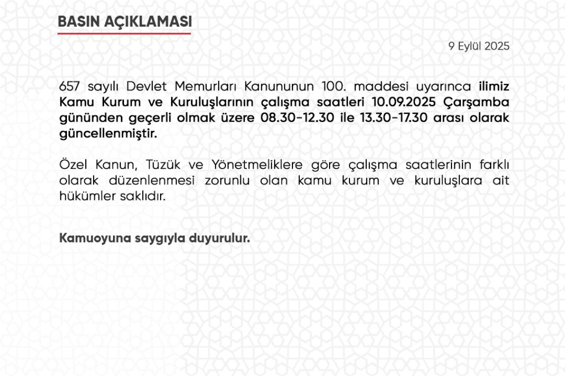 Hatay'da Mesai Saatlerinde Yeni Uygulama