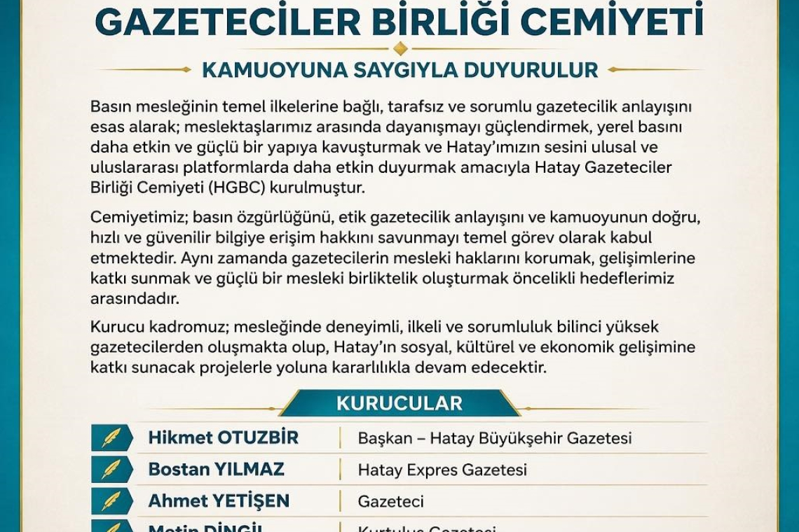 HATAY'A BİR BASIN CEMİYETİ DAHA 
